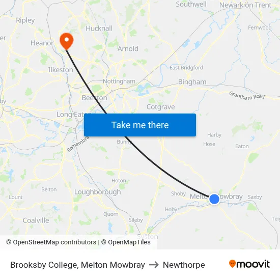 Brooksby College, Melton Mowbray to Newthorpe map