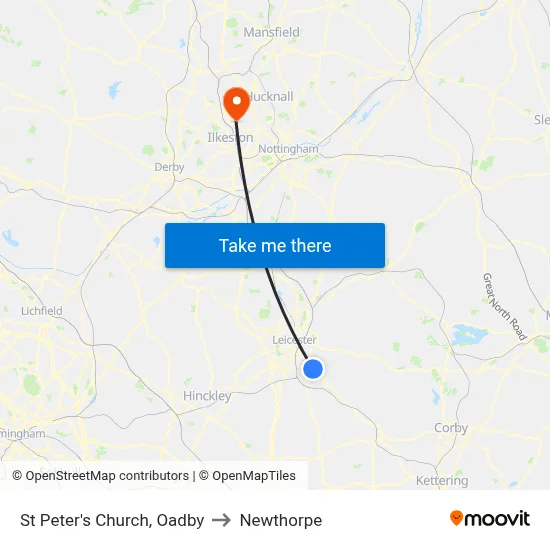 St Peter's Church, Oadby to Newthorpe map
