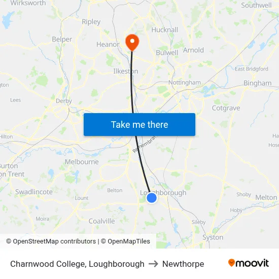 Charnwood College, Loughborough to Newthorpe map