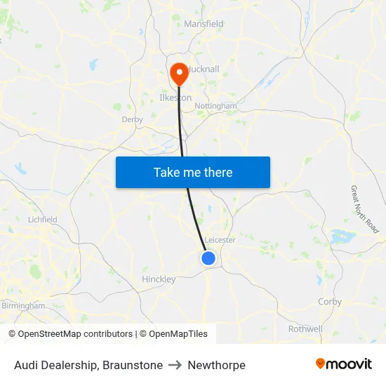 Audi Dealership, Braunstone to Newthorpe map