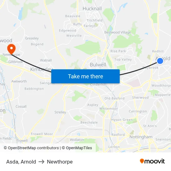 Asda, Arnold to Newthorpe map