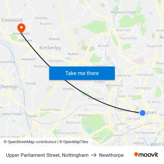 Upper Parliament Street, Nottingham to Newthorpe map