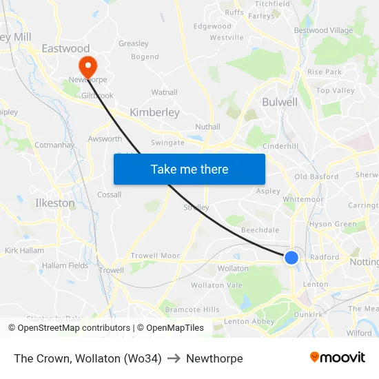 The Crown, Wollaton (Wo34) to Newthorpe map