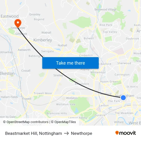 Beastmarket Hill, Nottingham to Newthorpe map