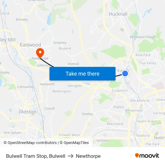 Bulwell Tram Stop, Bulwell to Newthorpe map