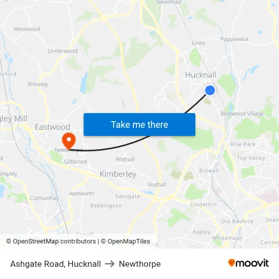 Ashgate Road, Hucknall to Newthorpe map