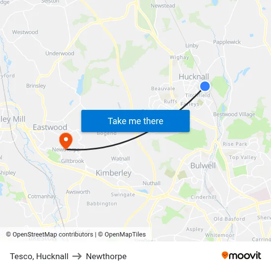 Tesco, Hucknall to Newthorpe map
