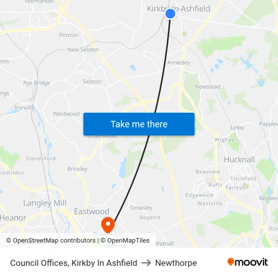Council Offices, Kirkby In Ashfield to Newthorpe map