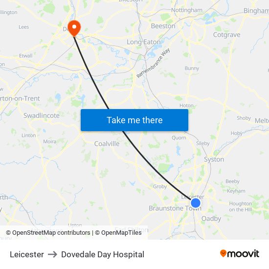 Leicester to Dovedale Day Hospital map