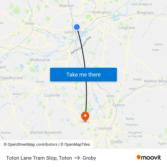 Toton Lane Tram Stop, Toton to Groby map