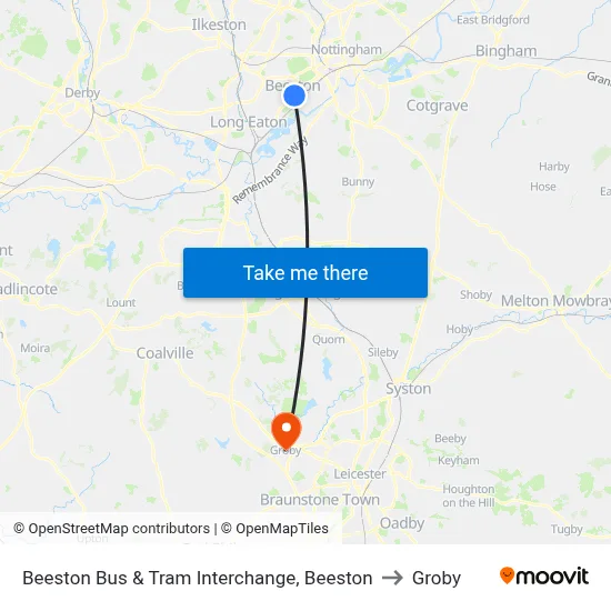 Beeston Bus & Tram Interchange, Beeston to Groby map