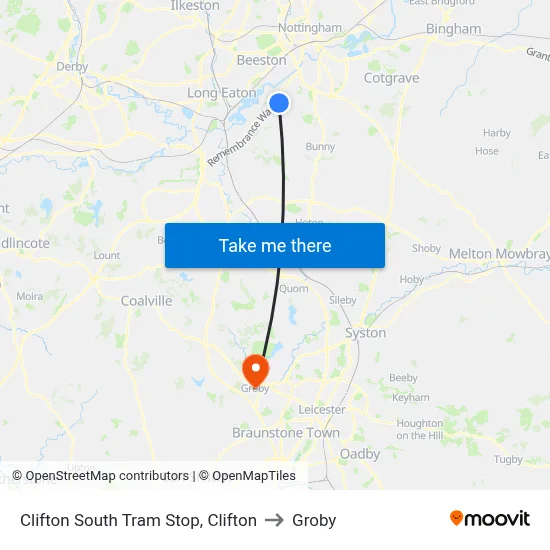 Clifton South Tram Stop, Clifton to Groby map