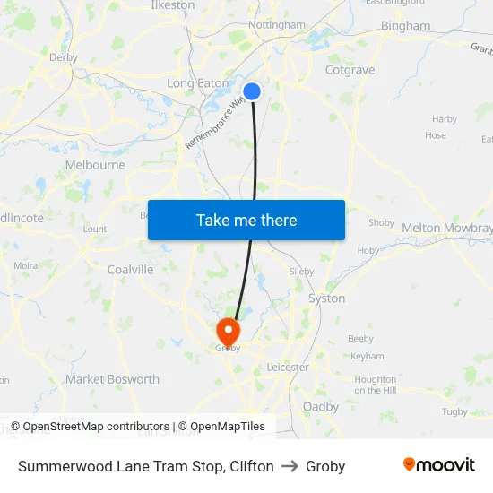 Summerwood Lane Tram Stop, Clifton to Groby map