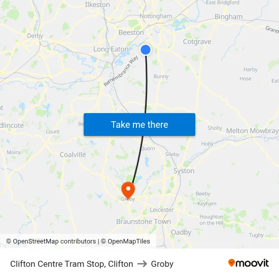 Clifton Centre Tram Stop, Clifton to Groby map
