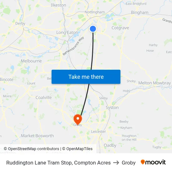 Ruddington Lane Tram Stop, Compton Acres to Groby map