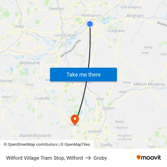 Wilford Village Tram Stop, Wilford to Groby map