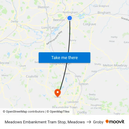Meadows Embankment Tram Stop, Meadows to Groby map
