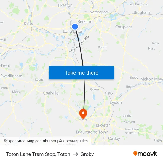 Toton Lane Tram Stop, Toton to Groby map