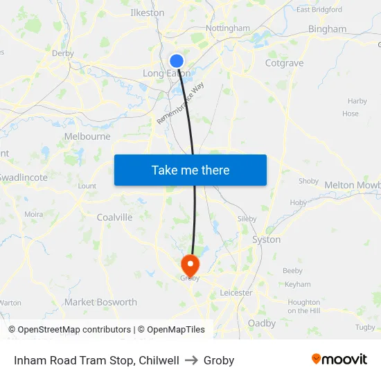 Inham Road Tram Stop, Chilwell to Groby map