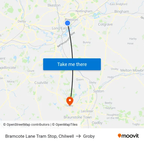 Bramcote Lane Tram Stop, Chilwell to Groby map