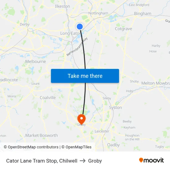 Cator Lane Tram Stop, Chilwell to Groby map