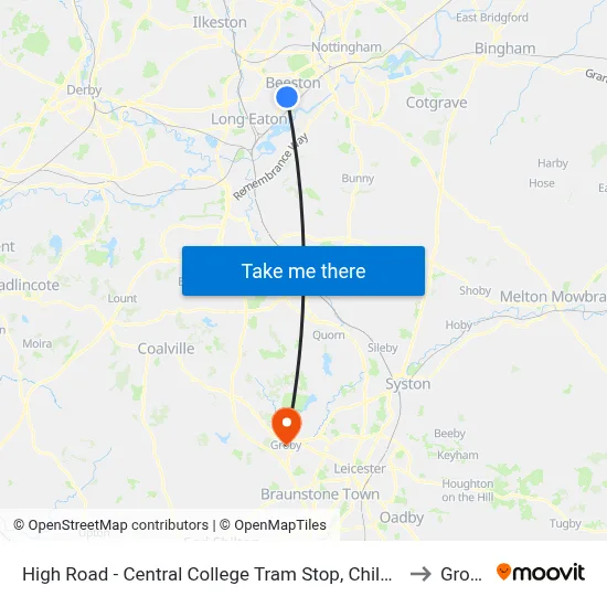 High Road - Central College Tram Stop, Chilwell to Groby map