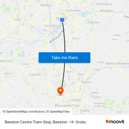 Beeston Centre Tram Stop, Beeston to Groby map