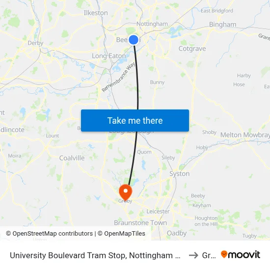 University Boulevard Tram Stop, Nottingham University Main Campus to Groby map