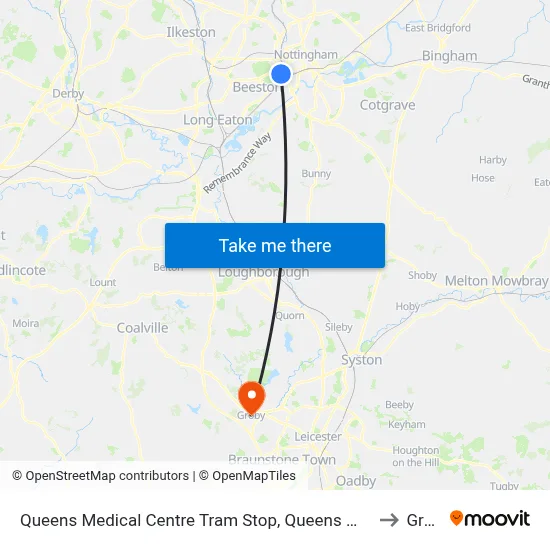 Queens Medical Centre Tram Stop, Queens Medical Centre to Groby map