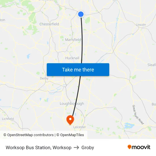 Worksop Bus Station, Worksop to Groby map