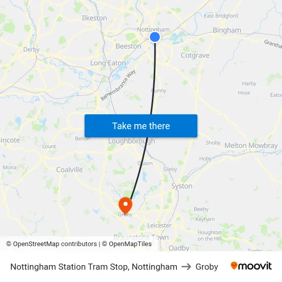 Nottingham Station Tram Stop, Nottingham to Groby map