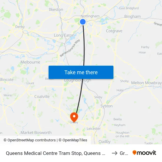Queens Medical Centre Tram Stop, Queens Medical Centre to Groby map