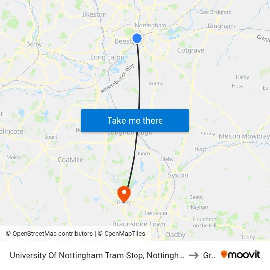 University Of Nottingham Tram Stop, Nottingham University Main Campus to Groby map