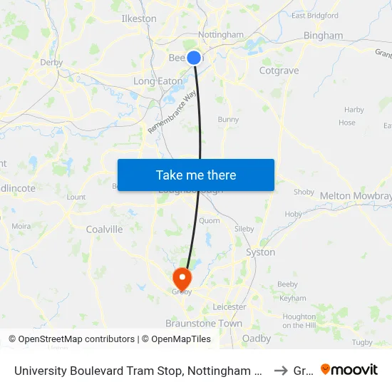 University Boulevard Tram Stop, Nottingham University Main Campus to Groby map