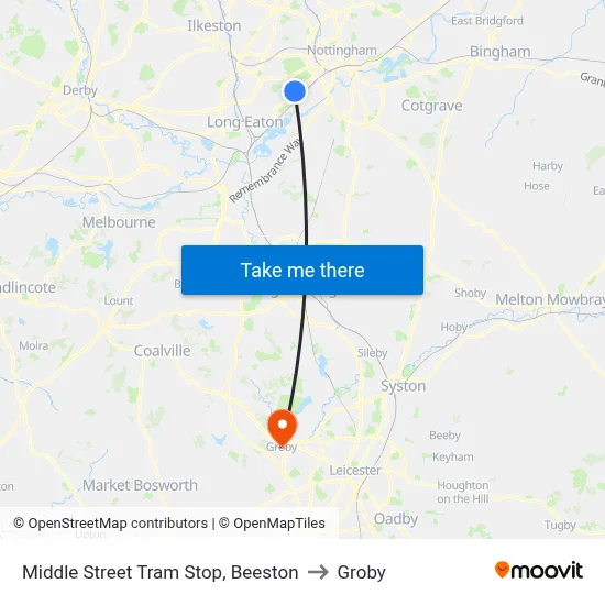 Middle Street Tram Stop, Beeston to Groby map