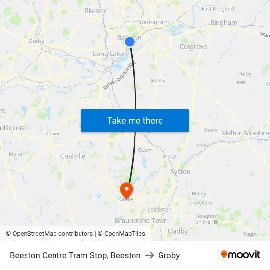 Beeston Centre Tram Stop, Beeston to Groby map