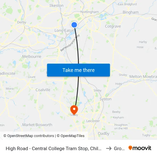 High Road - Central College Tram Stop, Chilwell to Groby map