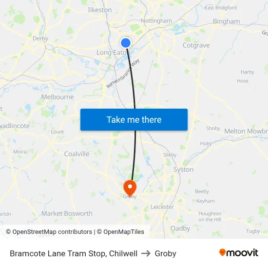 Bramcote Lane Tram Stop, Chilwell to Groby map