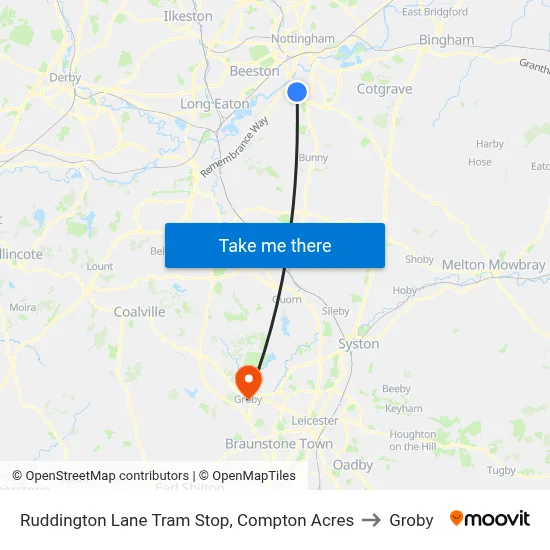 Ruddington Lane Tram Stop, Compton Acres to Groby map