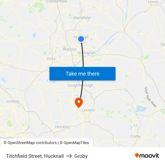 Titchfield Street, Hucknall to Groby map