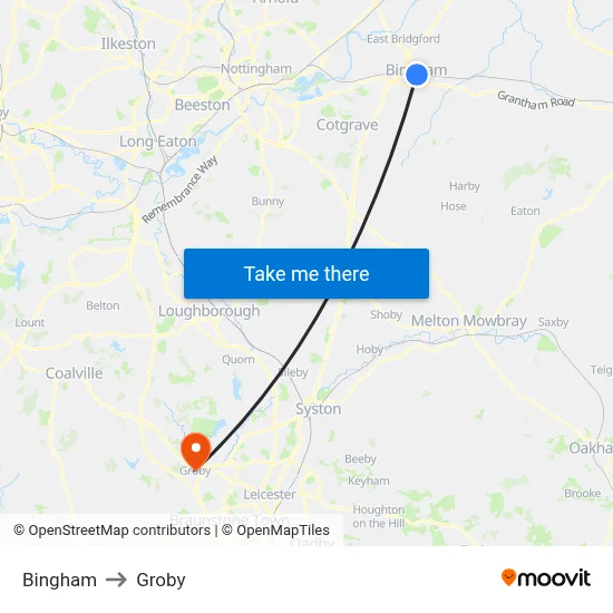 Bingham to Groby map
