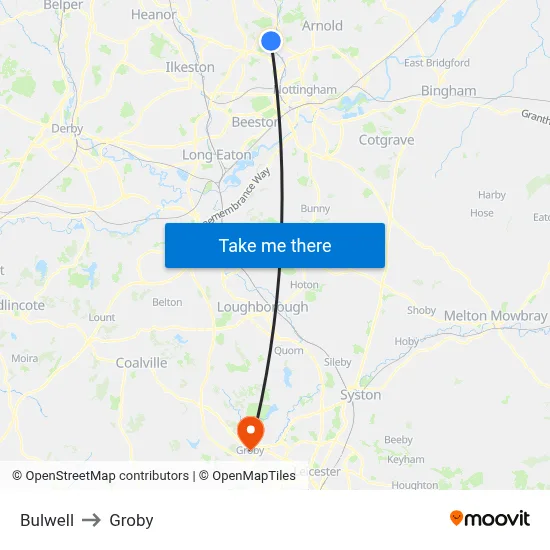 Bulwell to Groby map