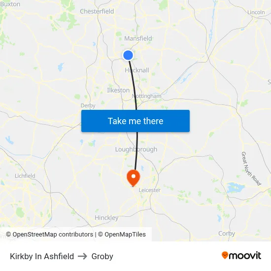Kirkby In Ashfield to Groby map