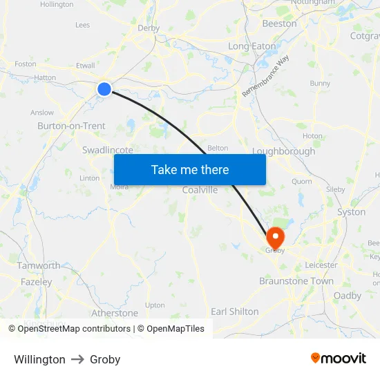 Willington to Groby map