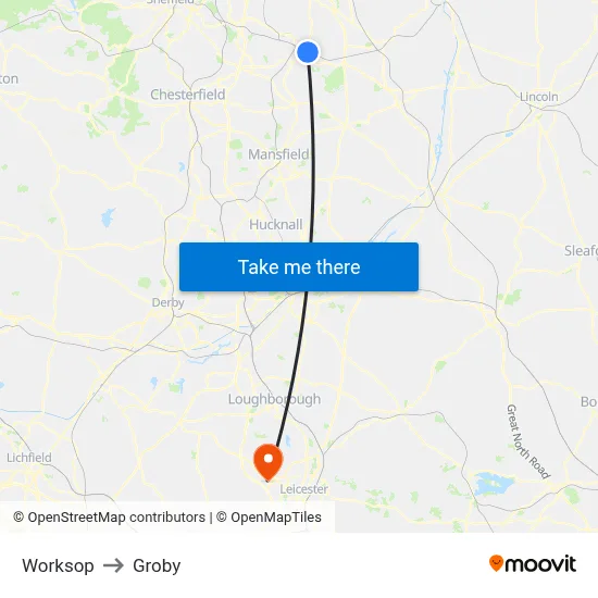 Worksop to Groby map