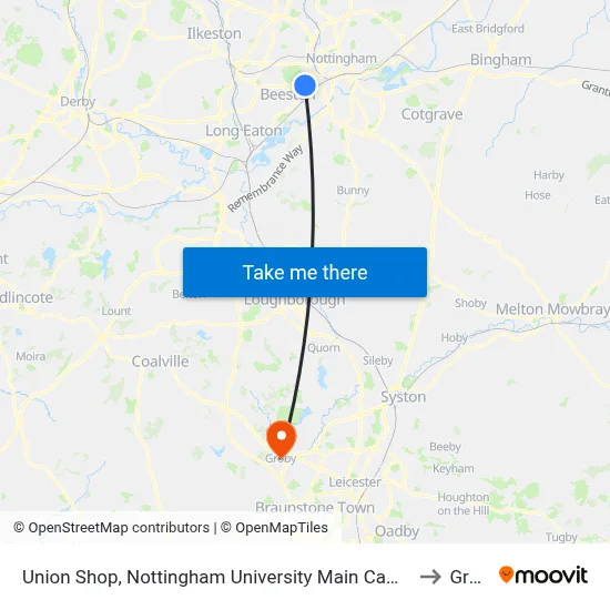 Union Shop, Nottingham University Main Campus (Un32) to Groby map