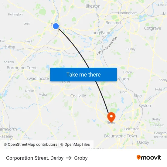 Corporation Street, Derby to Groby map