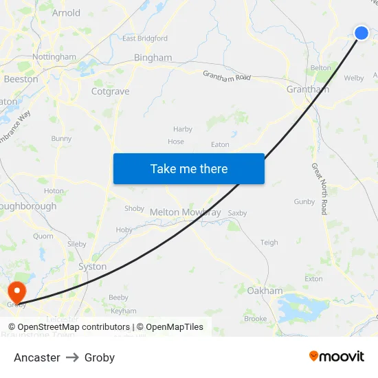 Ancaster to Groby map