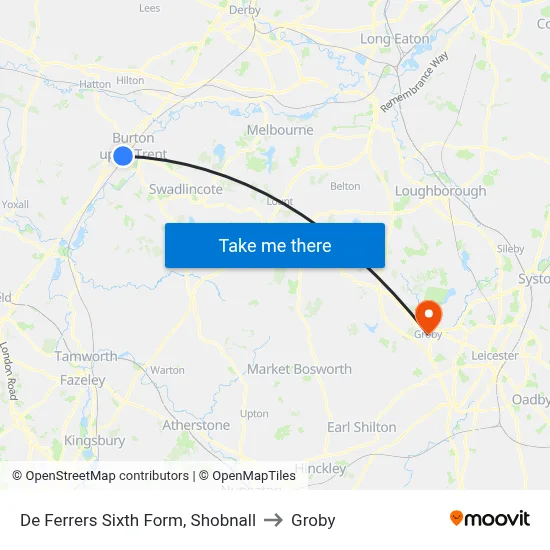 De Ferrers Sixth Form, Shobnall to Groby map