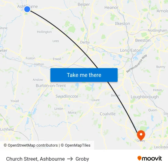 Church Street, Ashbourne to Groby map